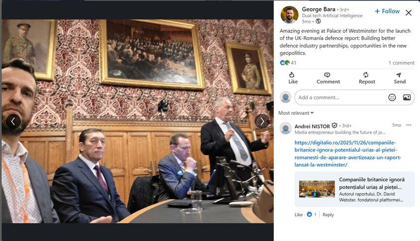 Într-o postare pe LinkedIn, George Bara se laudă cu participarea, în Parlamentul Britanic, la lansarea unui raport privind colaborarea României și Regatului Unit în materie de apărare. Foto: Captură de ecran LinkedIn