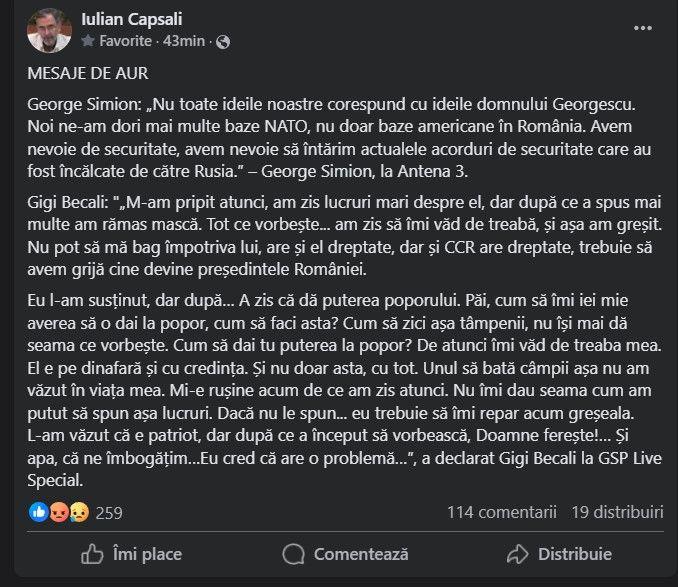Aripa mai radicală (Capsali) a mișcării suveraniste e dezamăgită de „moderatul” Simion. Captură de ecran via Facebook