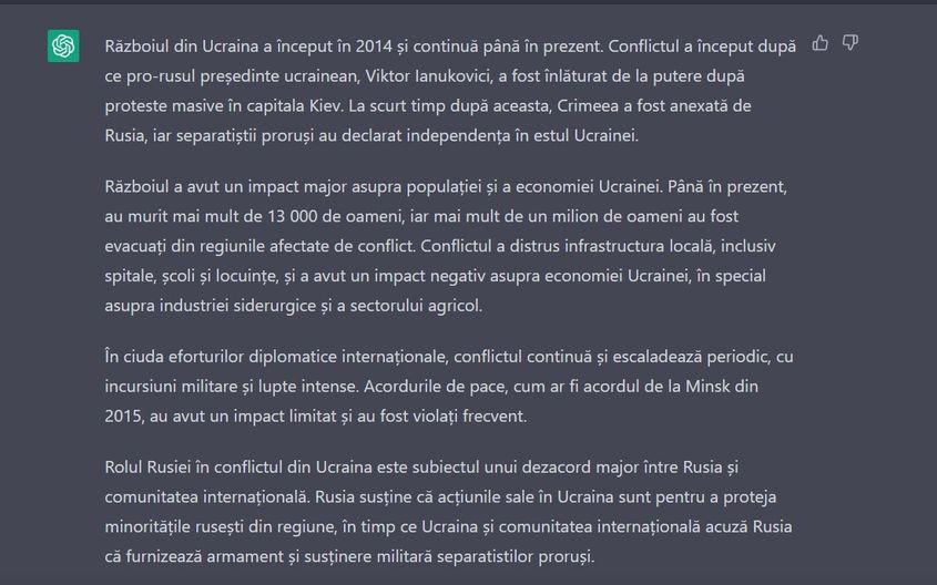 Prima parte dintr-un eseu despre războiul din Ucraina, scris de ChatGPT