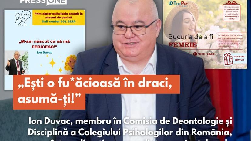Ion Duvac, doctor în psihologie și membru în Comisia de Deontologie și Disciplină a Colegiului Psihologilor din România, își hărțuiește sexual clientele prin propuneri sexuale explicite și cere poze cu părțile intime ale femeilor, încă de la prima ședință, potrivit unei înregistrări ajunse în posesia redacției