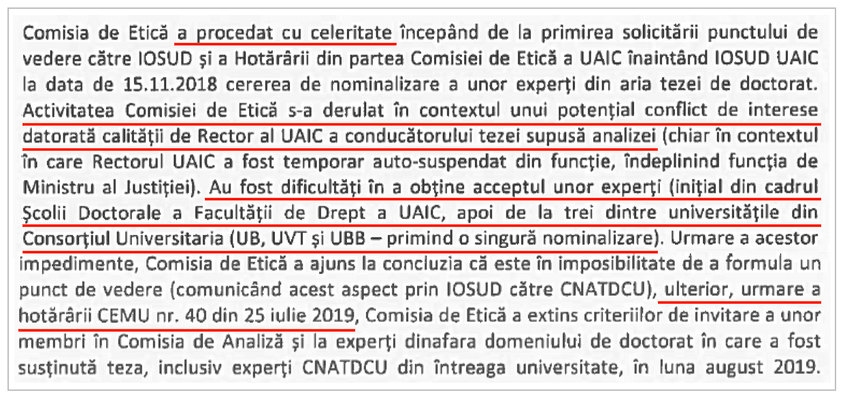 Fragment din documentul prin care Comisia de Etică a UAIC își descrie „celeritatea”