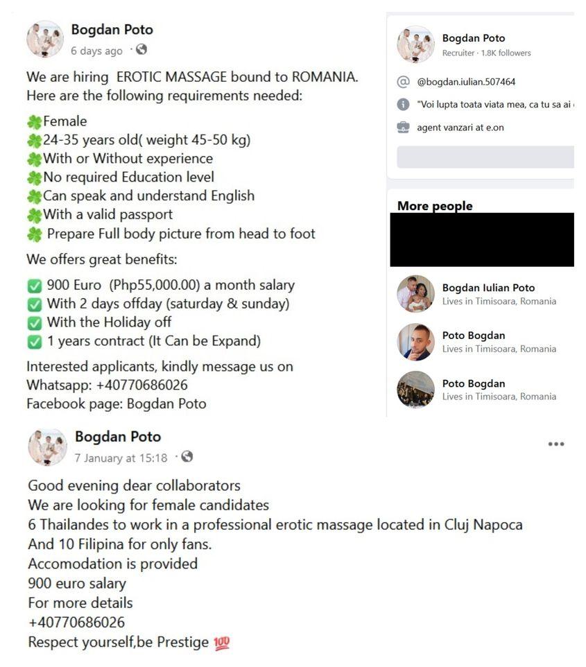 Stânga: <em>postările pentru recrutarea femeilor pentru „masaj erotic” și Onlyfans. Dreapta: câteva din multiplele profiluri pe care le deține</em> Bogdan Poto pe Facebook. <em>Sursă: Facebook Bogdan Poto</em>