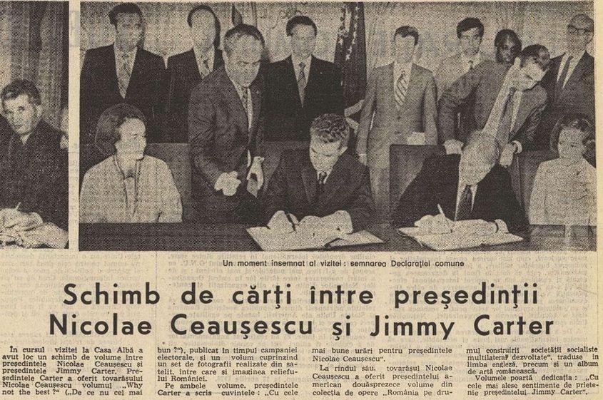Iohannis a primit de la Trump o șapcă cu „Make Romania Great Again”. El a oferit un stilou. Captură foto din ziarul Scînteia (1978) via adt.arcanum.com