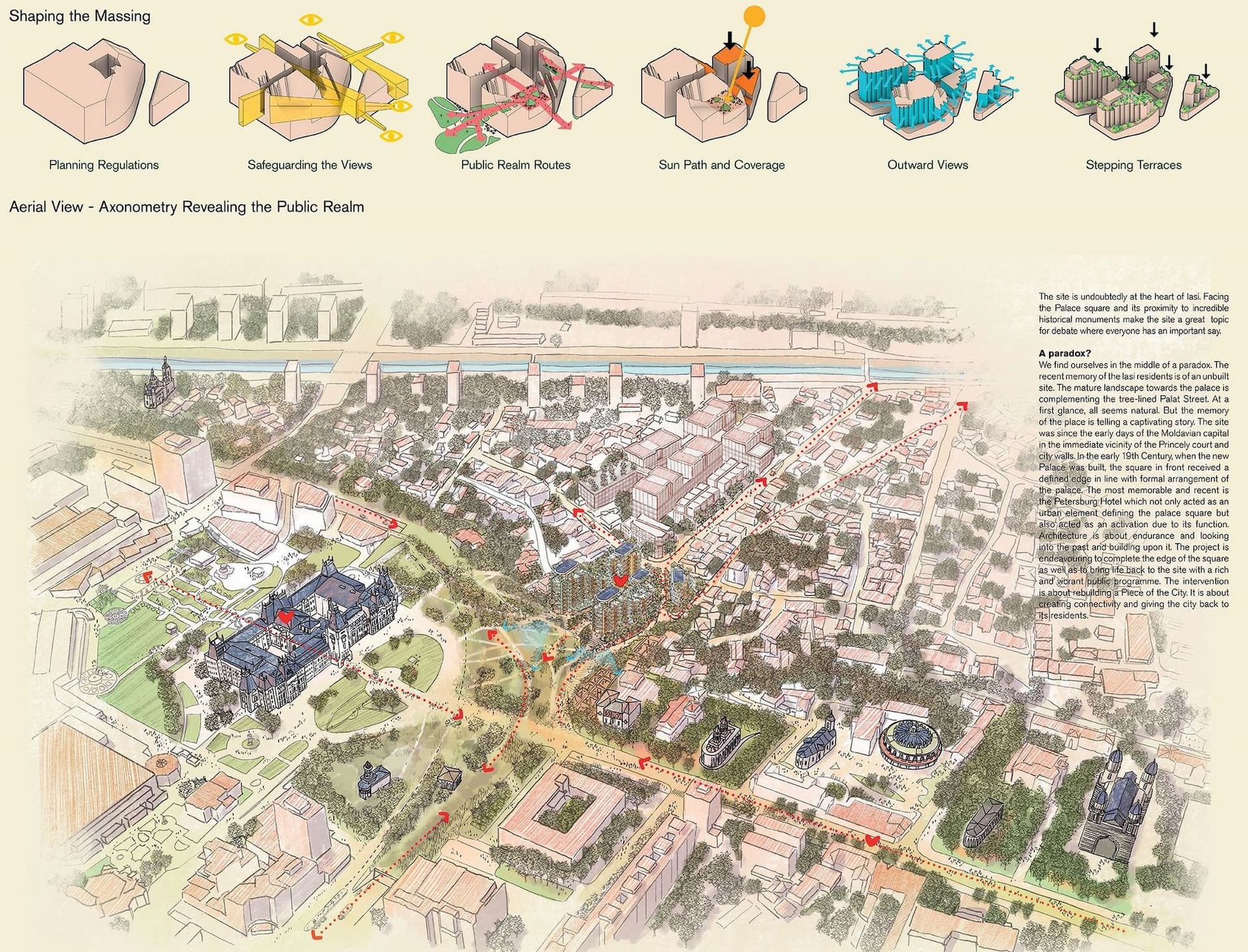 Toate proiectele au avut aceleași limitări impuse: trafic pietonal fluent, limită de înălțime care să se integreze în arhitectura zonei, funcțiuni mixte pentru locatari și oraș. Ilustrație: Foster & Partners