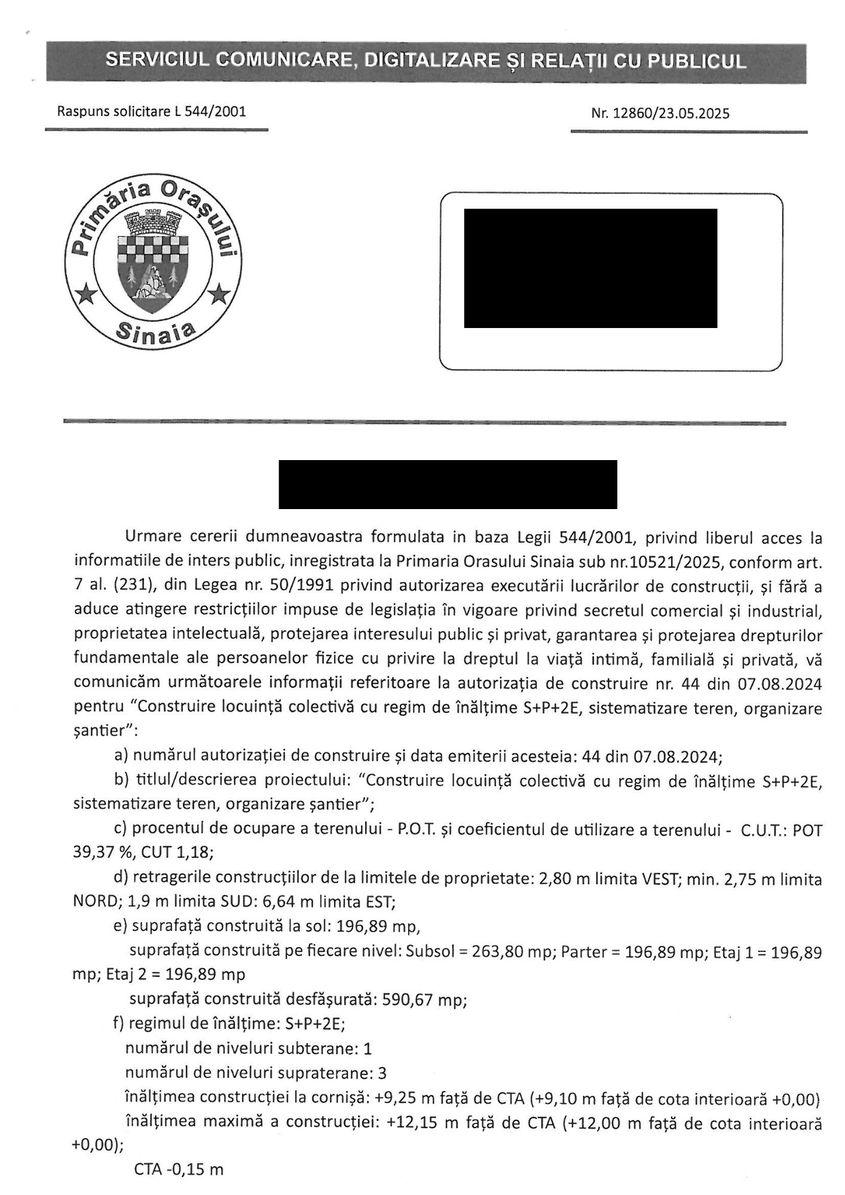 Conținutul autorizației pentru blocul de pe Sitarilor, nr. 104, transmis de primăria Sinaia.