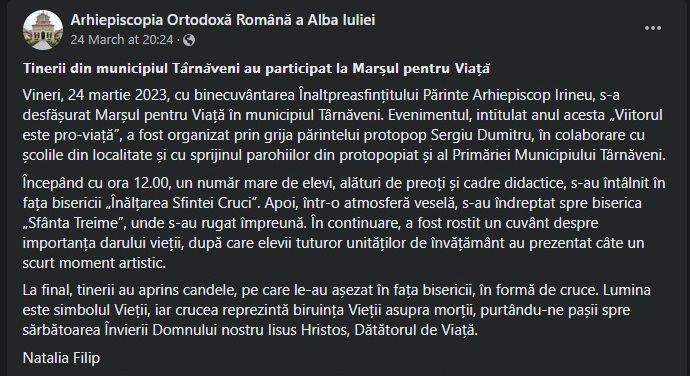 Captură foto de pe pagina de Facebook a Arhiepiscopiei Ortodoxe Române din Alba Iulia