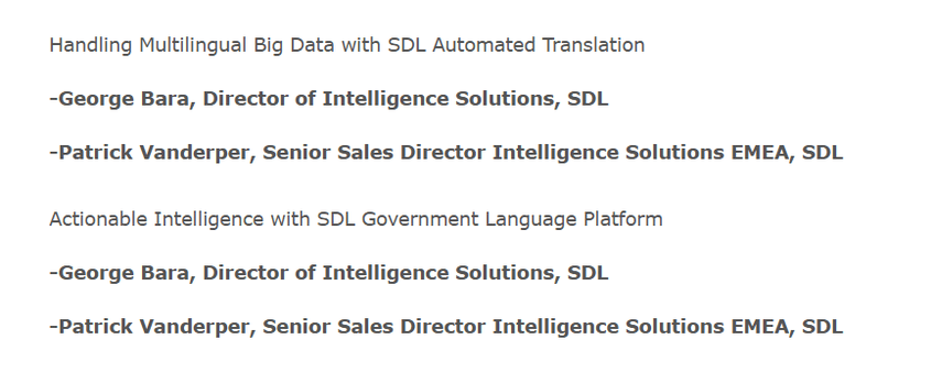 Captură de ecran din broșura unui eveniment de intelligence în cadrul căruia George Bara s-a aflat printre vorbitori și la care a fost invitată și echipa HackingTeam. Sursă: Wikileaks