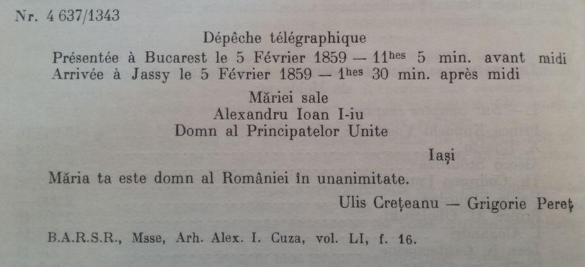 Telegramă adresată lui Cuza în februarie 1859, la câteva zile după alegerea sa ca domnitor al ambelor Principate.