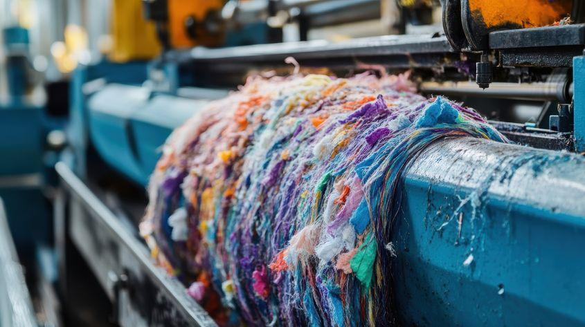 Mașină industrială de reciclare care procesează deșeurile textile colorate în material nou. foto: ID 352917813 © Justlight | Dreamstime.com