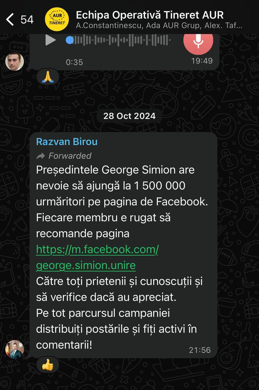 Șeful organizației de tineret își mobilizează subalternii pentru a-i crește audiența de pe Facebook lui George Simion. Captură de ecran via WhatsApp