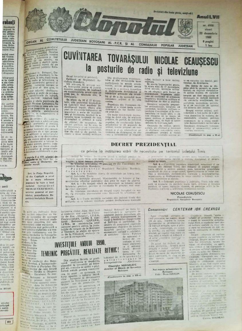 Ultimul număr al săptămânalului comunist „Clopotul” a apărut în 22 decembrie 1989. A doua zi, exact aceiași oameni au editat „Clopotul Poporului”, dar nimeni nu a mai avut curajul să semneze.