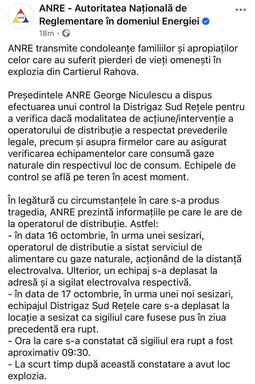 Președintele ANRE George Niculescu a dispus efectuarea unui control la Distrigaz Sud Rețele pentru a verifica dacă modalitatea de acțiune/intervenție a operatorului de distribuție a respectat prevederile legale