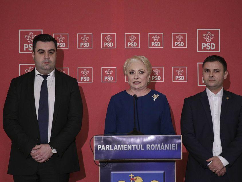 Răzvan Cuc, Viorica Dăncilă și Daniel Suciu, după ședința Comitetului Executiv Național al PSD de marți, 19 februarie. Foto: Octav Ganea / Inquam Photos
