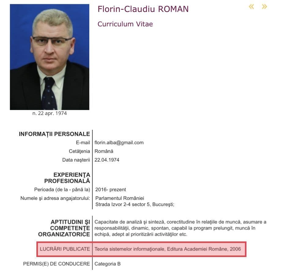 Fragment din CV-ul lui Florin Roman de pe site-ul Camerei Deputaților