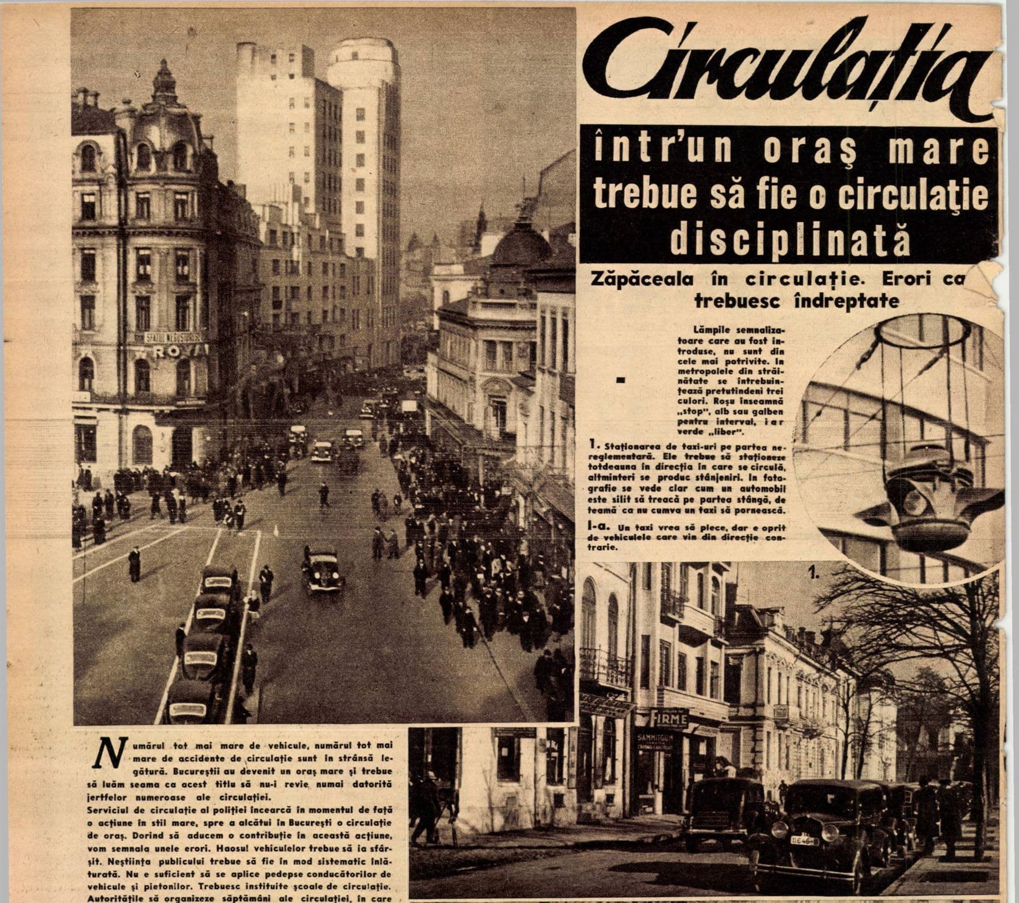 Traficul bucureștean a fost dintotdeauna haotic, iar inovațiile în gestionarea traficului au fost întotdeauna primite cu greu la noi. Foto: <a target="_blank" href="https://adt.arcanum.com/en/collection/RealitateaIlustrata/" target="_blank" rel="noreferrer noopener">Digitheca</a>