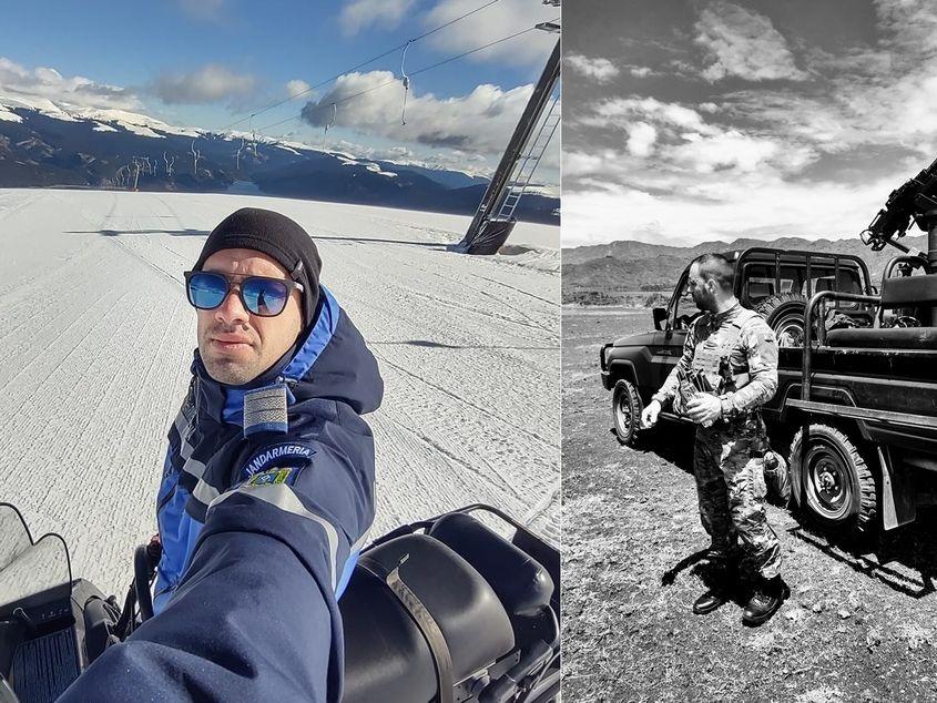 Colaj foto realizat cu fotografii postare de jandarm pe social media. Surse: Facebook și Threads