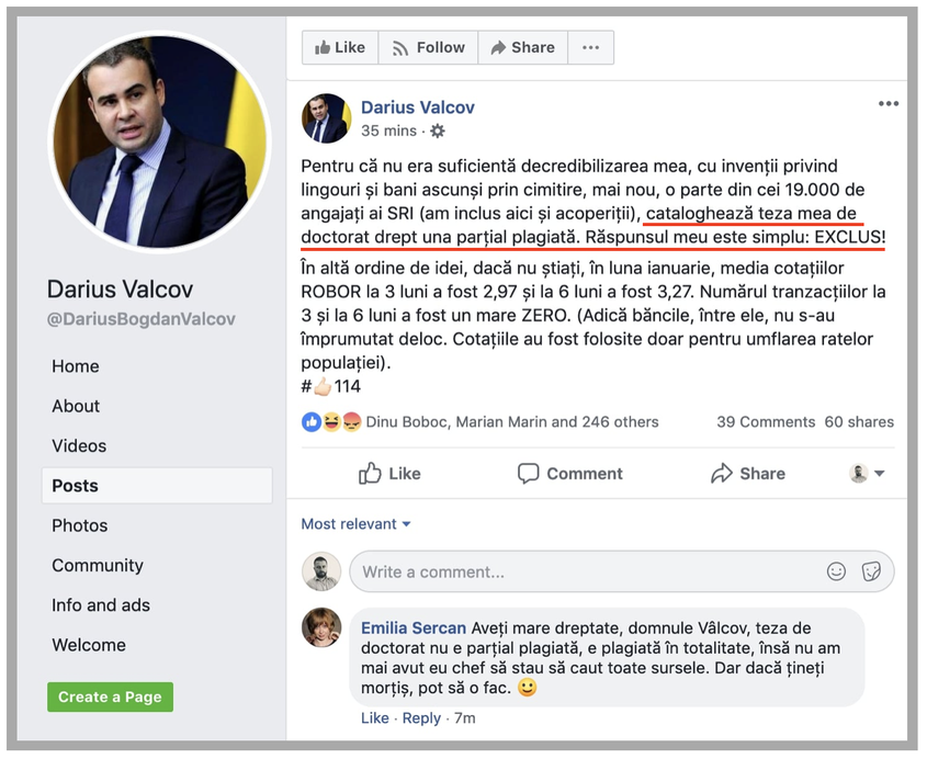 Postarea prin care Vâlcov răspundea acuzațiilor de plagiat publicate, în premieră, de PressOne.