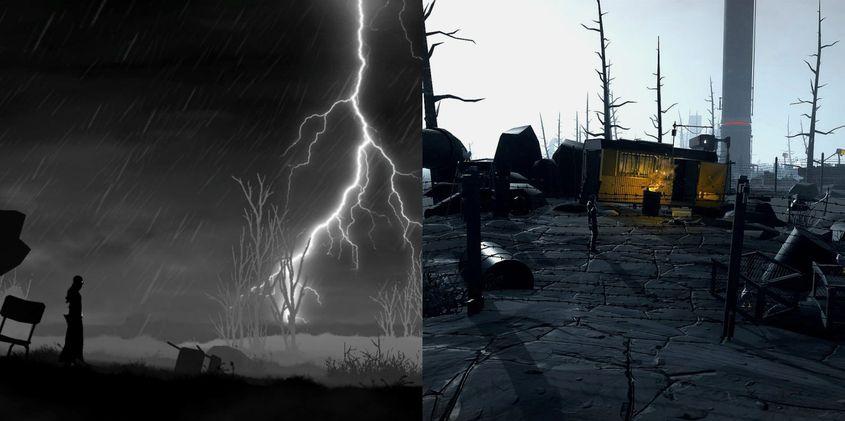 Grafica jocului „Black The Fall” a fost mai întâi destul de austeră (în stânga), dar a devenit mai sofisticată în timp (în dreapta).