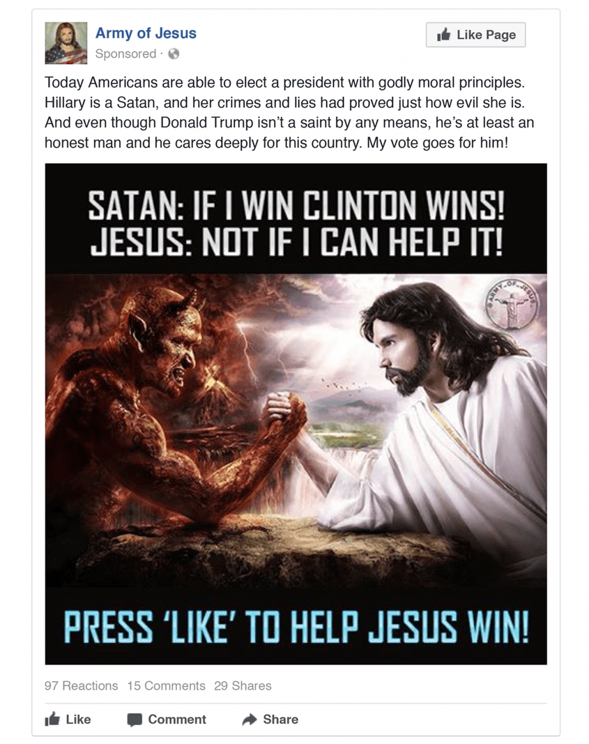 Unul dintre mesajele prin care utilizatorii erau invitați ca, printr-un Like, să-l ajute pe Iisus în lupta cu Satan și cu Hillary Clinton…