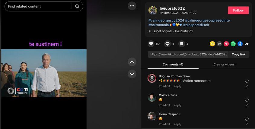 Mesaj din 29 noiembrie 2024 pentru susținerea în alegeri a lui Călin Georgescu. Un alias Bogdan Rotman team, răspunde în primul comentariu: Votăm românește! și atașează mai multe tricoloruri și un emoji care pare că salută militărește. Captură de ecran.