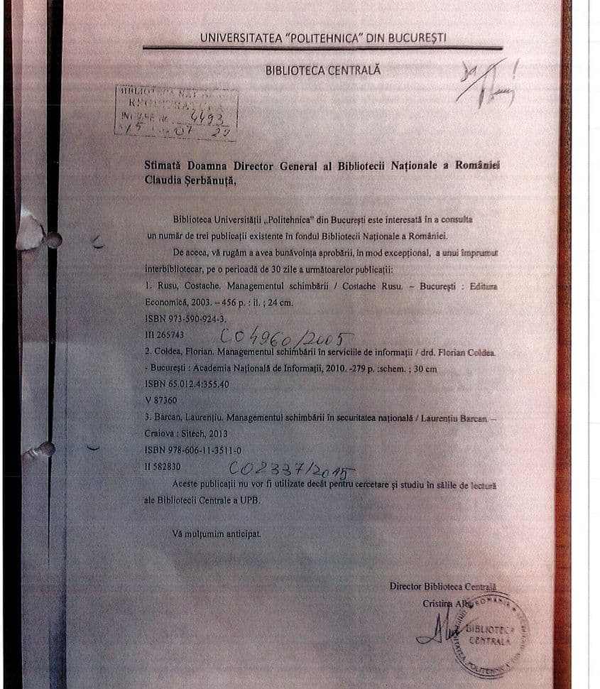 Adresa trimisă Bibliotecii Naţionale de Biblioteca Universităţii Politehnica.