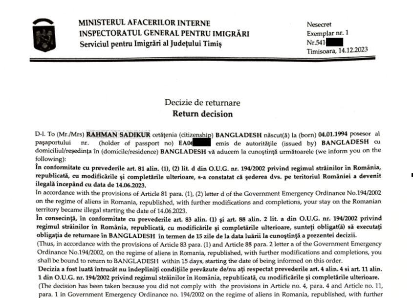 Decizia de returnare a lui Sadikur