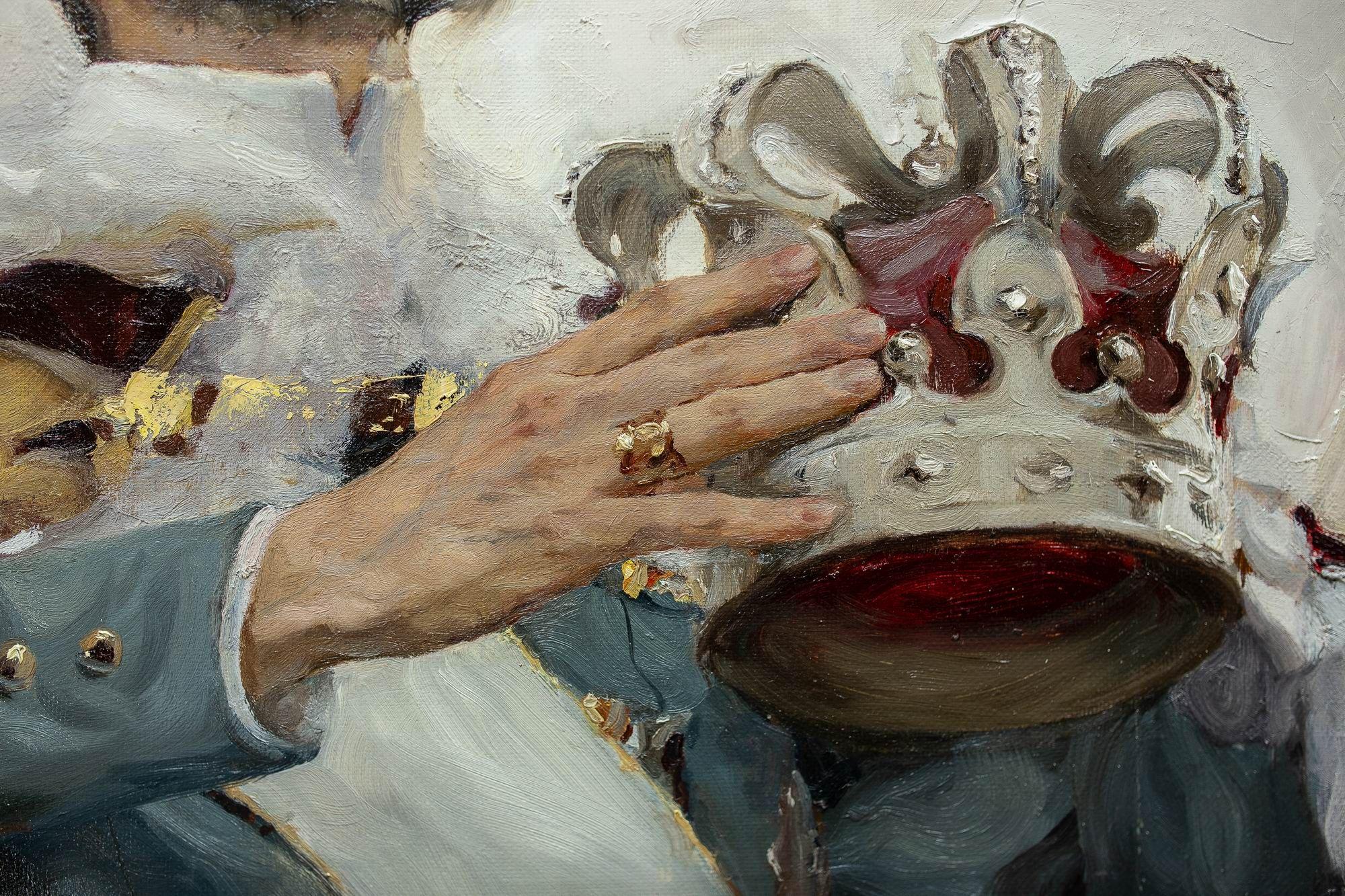 <em>"Încoronarea", detalii din pictura Elenei Bria în atelierul Academiei de Arte din Sankt-Petersburg, Rusia, 2018. Foto: arhiva personală a artistei.</em>