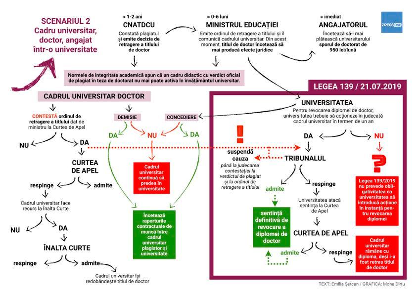 În mod normal, un cadru didactic nu ar trebui să mai poată activa în învățământul universitar după ce i-a fost retras titlul de doctor. În situația în care acesta refuză să demisioneze, universitatea poate – sau nu – să înceteze raporturile contractuale cu acesta în urma unei proceduri disciplinare. Dacă nu o face, cadrul didactic poate rămâne angajat. În paralel, universitatea poate – dar nu este obligată – să-l dea în judecată pentru revocarea diplomei.