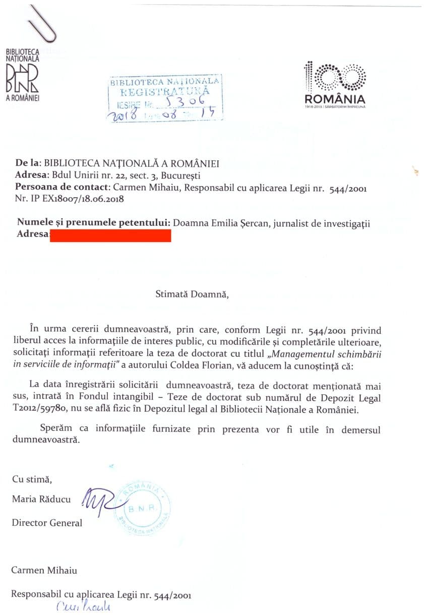 Răspunsul primit de la Biblioteca Naţională.