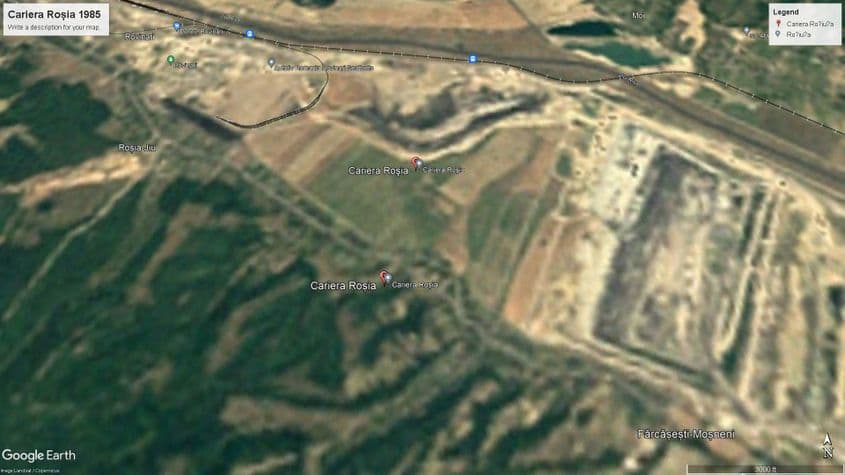 Cariera Roșia este a doua cea mai mare, cu o suprafață de peste 1400 de ha. Așa arăta perimetrul carierei în 1985, conform imaginilor Google Earth