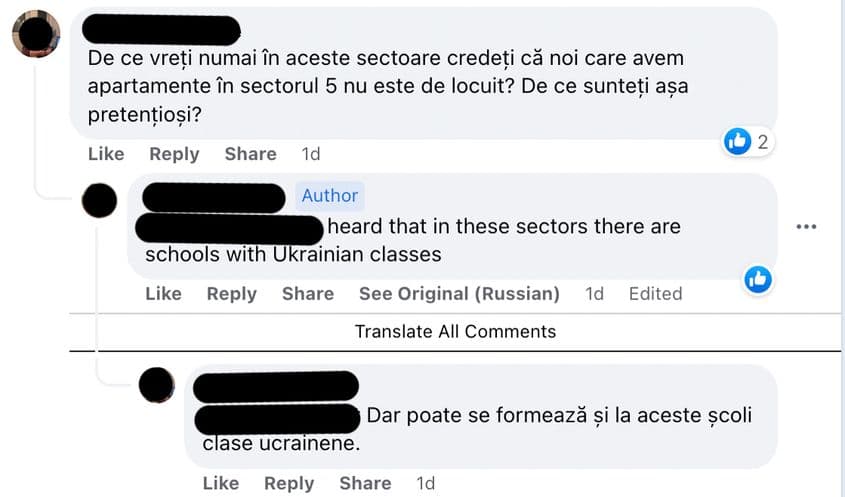 Unii proprietari consideră că refugiații nu ar trebui să ridice pretenții la cazare. Postare de pe grupul de Facebook "Uniți pentru Ucraina"