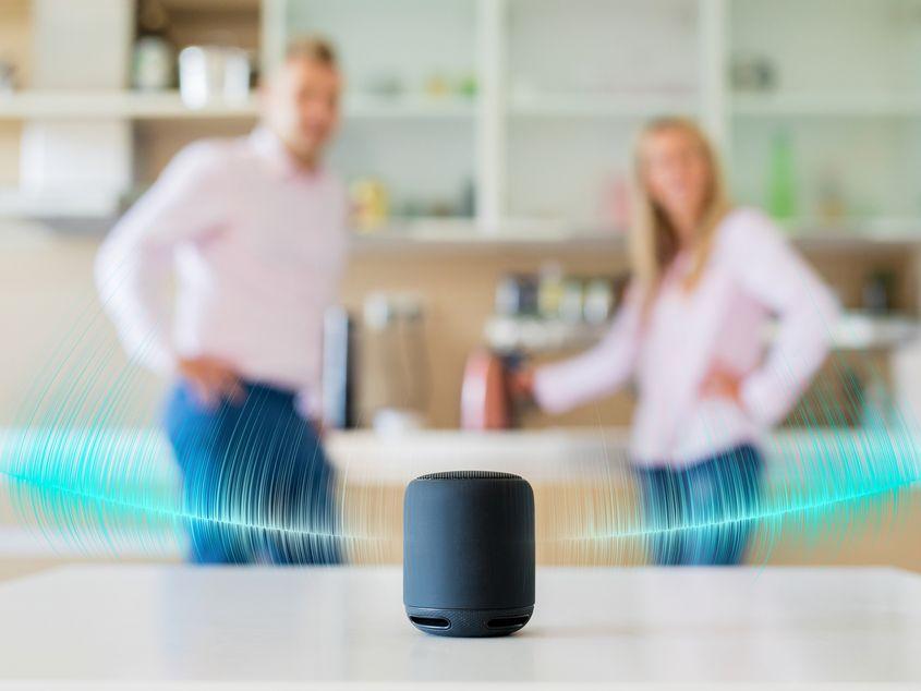 Cuplu care ascultă răspunsurile primite de la un "smart speaker". Foto: Kaspars Grinvalds / Dreamstime.com