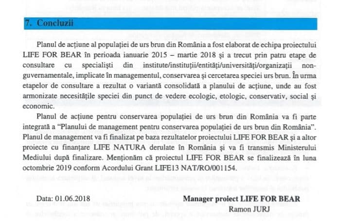 Fragment din Planul de acțiune pentru conservarea populației de urs brun din România. Proiectul a fost finalizat în octombrie 2019.