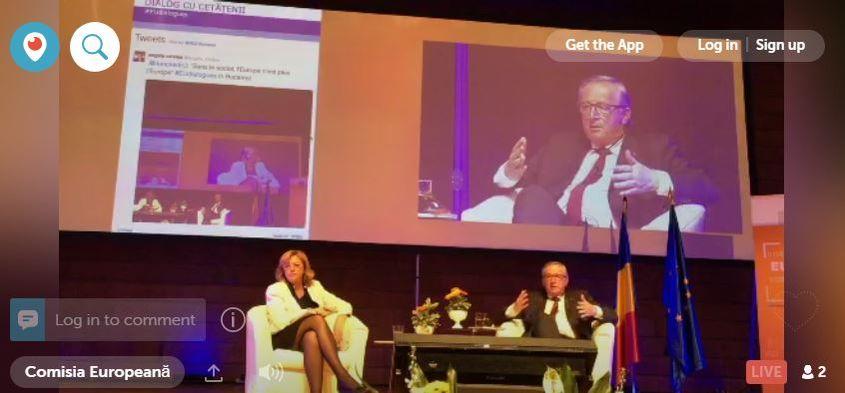 Președintele Comisiei Europene, Jean-Claude Juncker (în dreapta), și comisarul Corina Crețu. Foto: Captură de ecran Twitter/Pagina de Twitter a Comisiei Europene