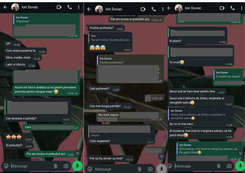 Fragmente de discuție pe WhatsApp între psihologul Ion Duvac și o potențială clientă de terapie, din 2021. Duvac îi pune întrebări doar despre viața sexuală în rafală. O denumește „metoda” dezvirginării psihice.