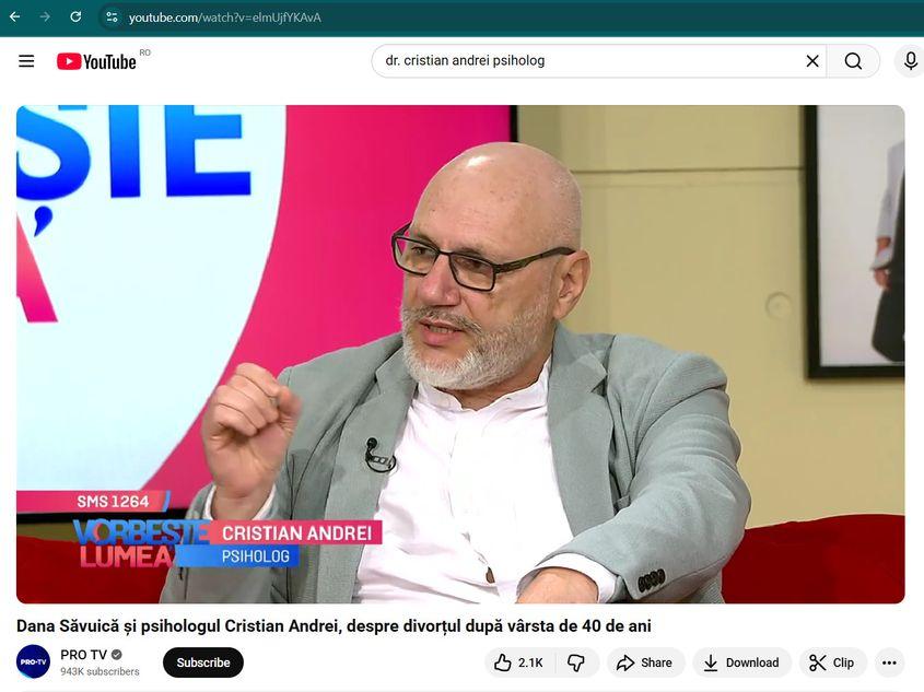 Cristian Andrei este prezentat în continuare drept „unul dintre cei mai cunoscuți psihoterapeuți sau psihologi din România”.