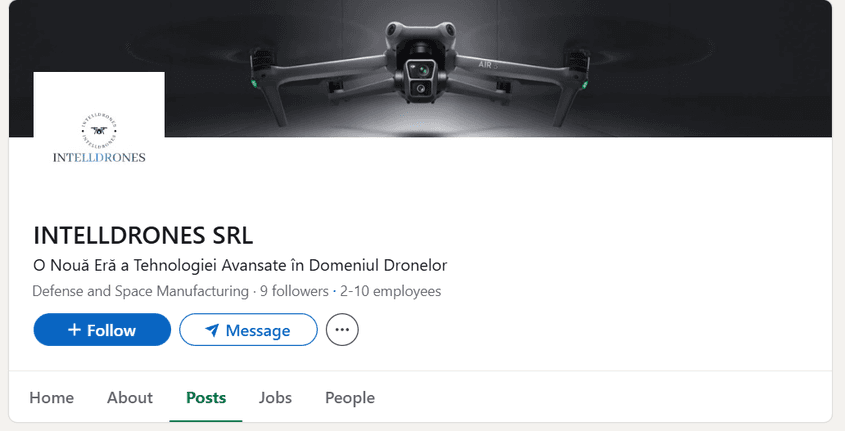 Profilul firmei IntellDrones pe LinkedIn. Sursa foto: LinkedIn
