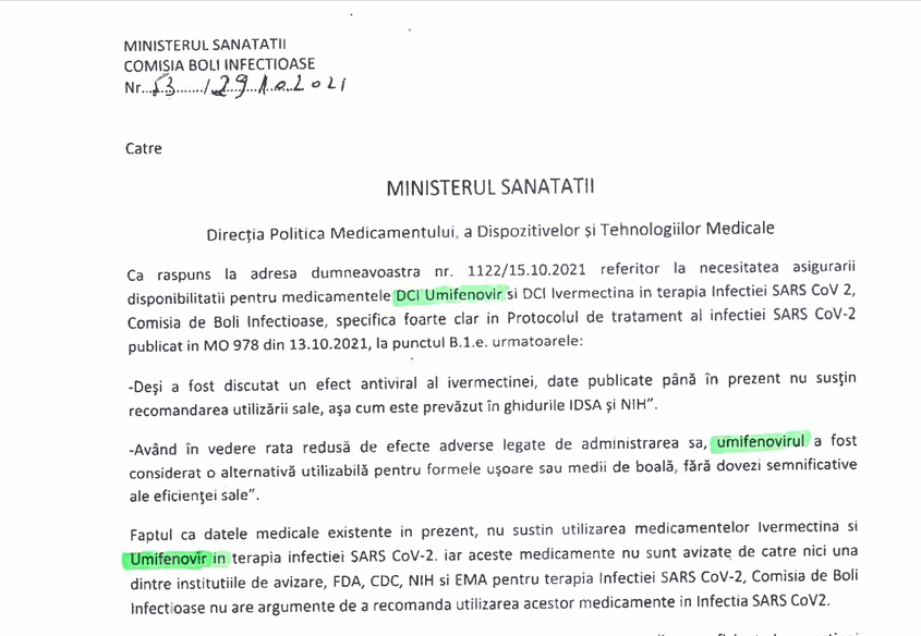 Fragment din documentul transmis PressOne de către Directia relații cu presa, afaceri europene și relații internaționale a Ministerului Sănătății