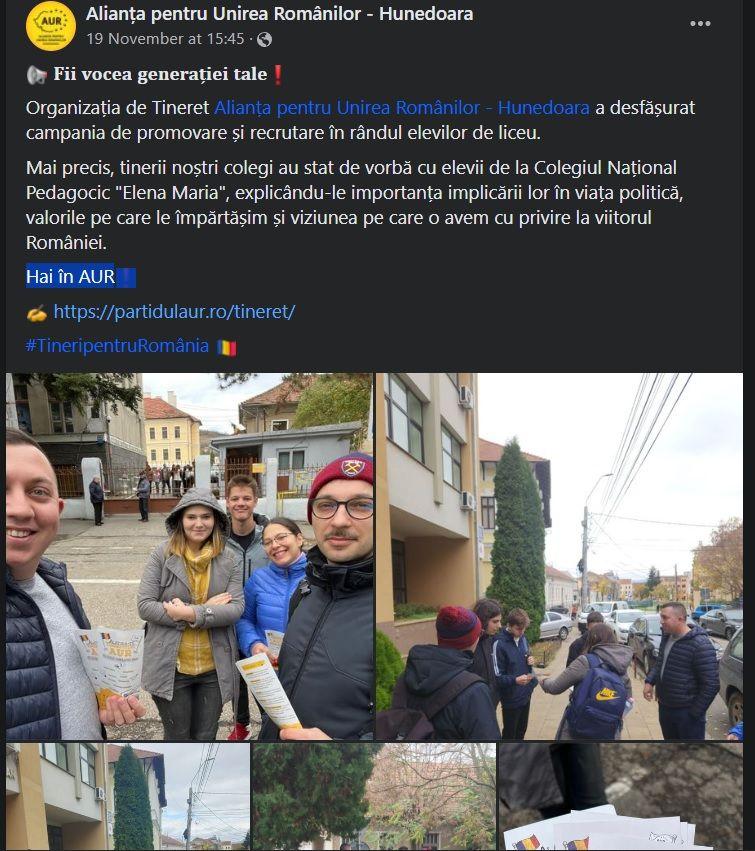 AUR Hunedoara se laudă că recrutează elevi. Captură foto via Facebook