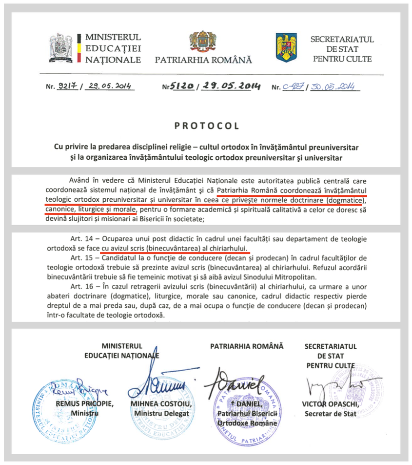 Protocolul încheiat în 2014 face referire la învățământul teologic ortodox și prevede obligativitatea binecuvântării pentru ocuparea unui post didactic. În protocol nu este menționată nicăieri obligativitatea binecuvântării pentru instituții publice centrale ale statului român.
