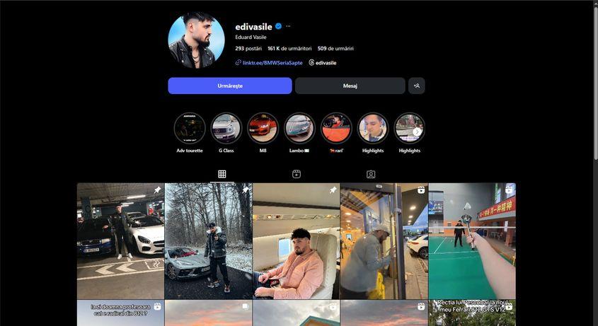 Eduard Vasile și-a șters link-ul din BIO de pe TikTok, însă același link încă este prezent pe contul său de Instagram. Foto: captură de ecran
