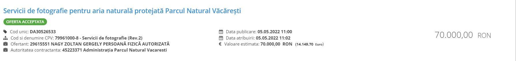 Administrația a achiziționat, din bani publici, servicii de fotografiere de 70.000 lei pentru Parc, deși Asociația punea la dispoziție o bază de mii de fotografii din parc. Foto: Captură de ecran SEAP