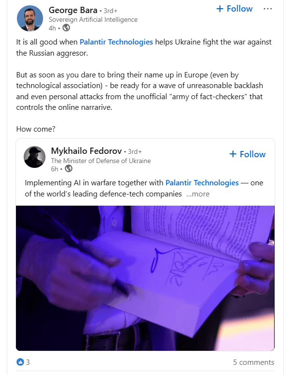 Într-o postare recentă de pe LinkedIn, Bara se arată deranjat de reputația negativă pe care o are Palantir printre jurnaliștii europeni care ar controla, spune el, discursul public din mediul online. Captură de ecran via LinkedIn
