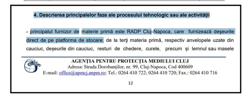 Screenshot din documentul care însoțește autorizația de mediu eliberată de Agenția pentru Protecția Mediului Cluj.