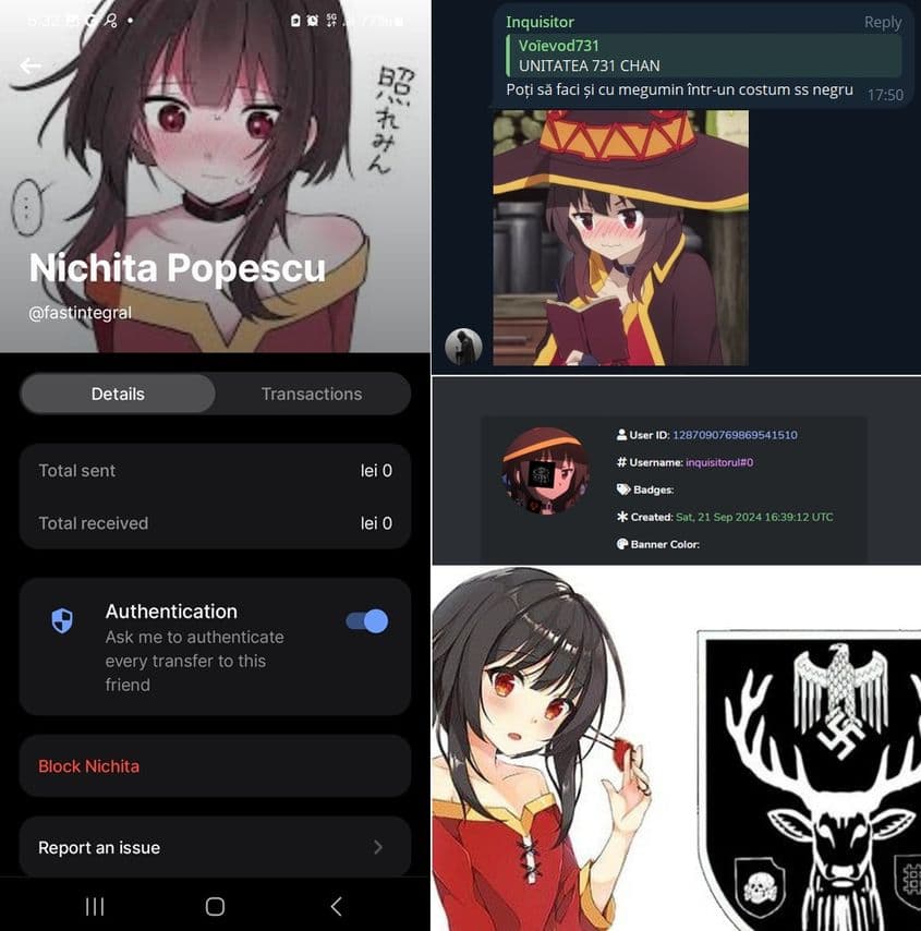 Pe Revolut, Nichita Popescu, zis Inquisitor, are ca poză de profil același personaj de serie anime pe care-l folosește și în alte contexte, în grupurile Unității 731. Capturi foto via Telegram, Revolut și Discord