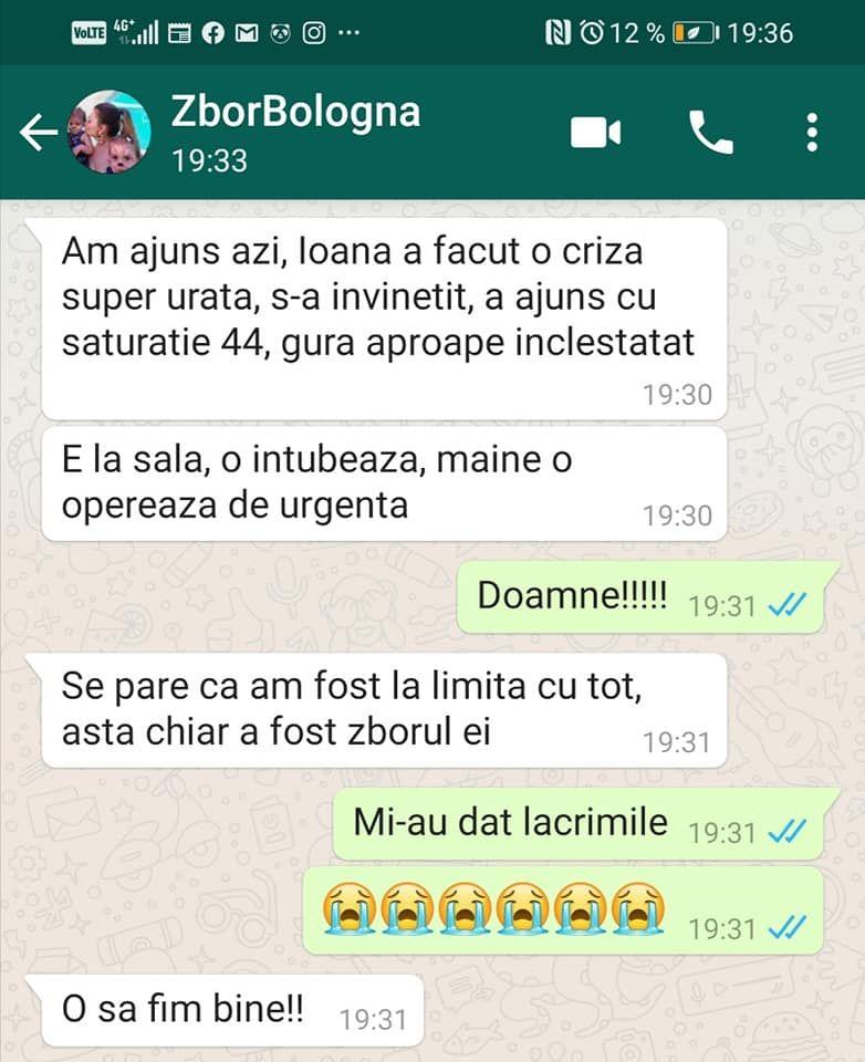Mesaj transmis de mama Ioanei asociației care a suportat costul zborului privat spre Bologna