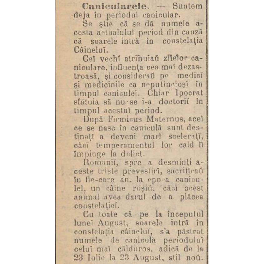 Ziarul Universul din August 1901 ne explică ce-i cu zilele caniculei și când se apucau să-i prăjească pe români. Sursa: <a target="_blank" href="https://newspapers.arcanum.com/en/view/Universul_1901_08/?query=caniculei&pg=3&layout=s" target="_blank" rel="noreferrer noopener">Arcanum</a>