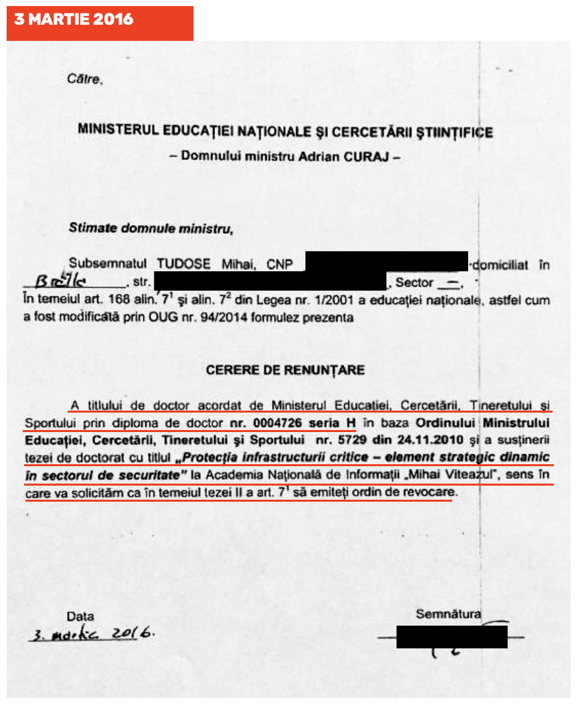 Mihai Tudose nu și-a motivat cererea de renunțare la titlul de doctor pe care l-a obținut în 2010