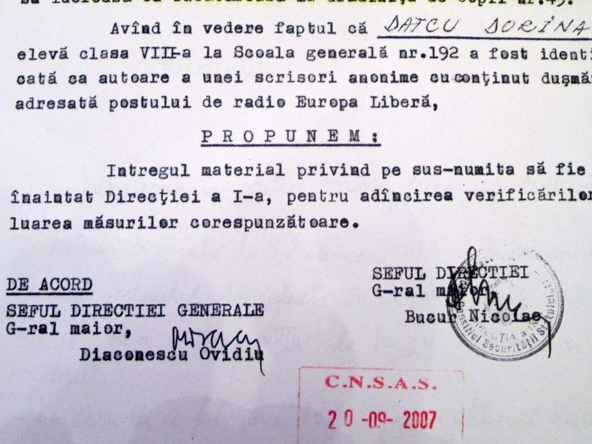Notă din dosarul de urmărire al adolescentei Dorina Datcu.