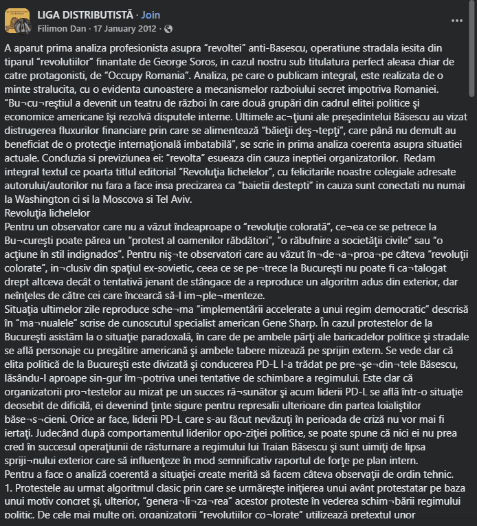 În ianuarie 2012, Dan Filimon distribuia teorii ale conspirației despre cei care protestau împotriva regimului Băsescu. Captură de ecran via Facebook